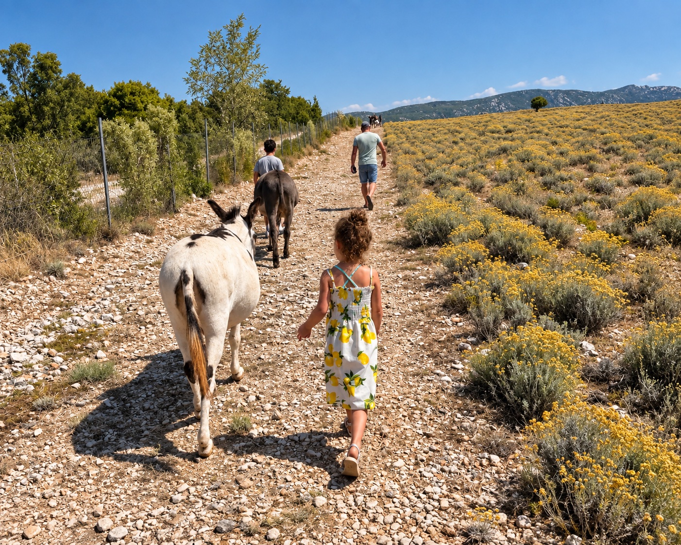 girl walking with donkeys